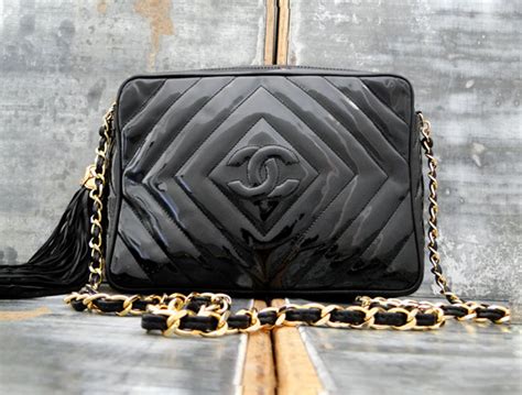 chanel classic vintage black patent leather tassel bag|Chanel camera bag.